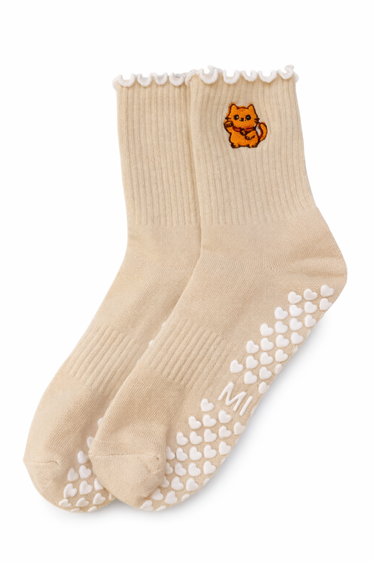 Beige Orange Cat Grip Socks